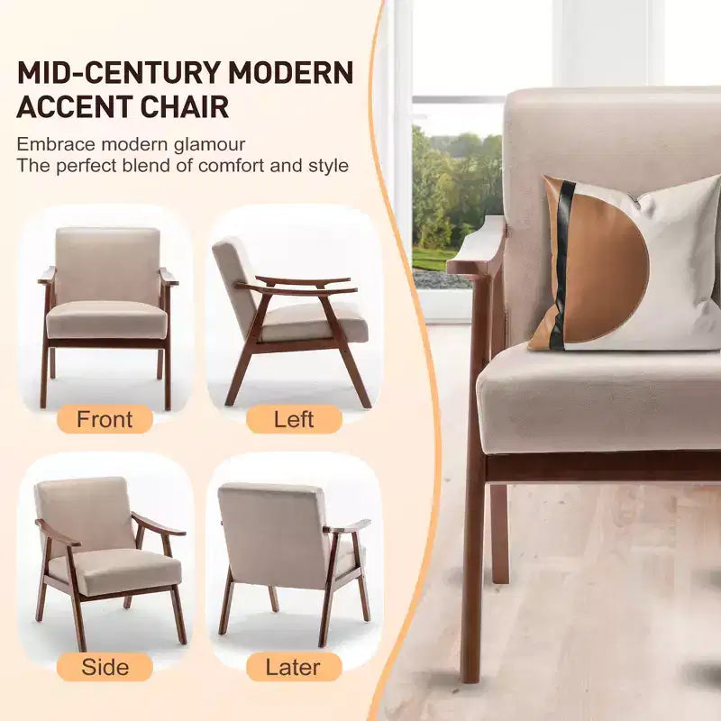 Mid-Century Accent Chair, Solid Wood Lounge Chair with Extra-Thick Backrest, Wingback Chairs