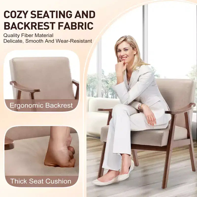 Mid-Century Accent Chair, Solid Wood Lounge Chair with Extra-Thick Backrest, Wingback Chairs