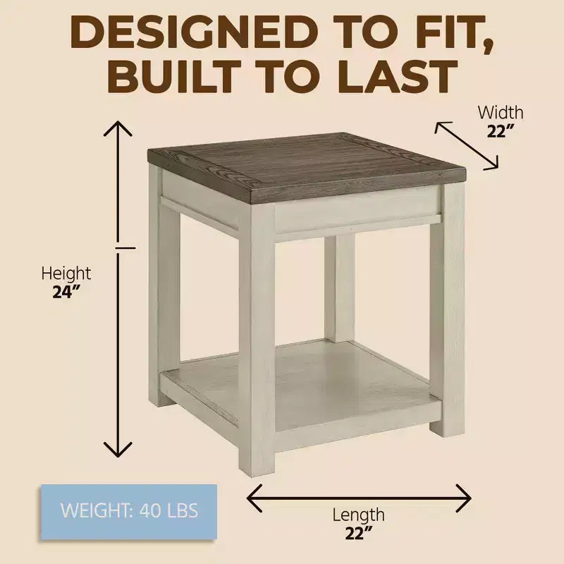 ROME + OAK Tate Farmhouse Wood End Table with Shelf, Brown and Cream, 2 Pack
