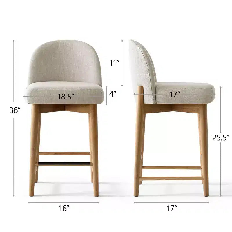 Lot de 4 tabourets de bar modernes en lin, hauteur comptoir, chaises d'îlot de cuisine de 64,7 cm avec pieds en bois massif pour salle à manger ou cuisine-Panipeachy