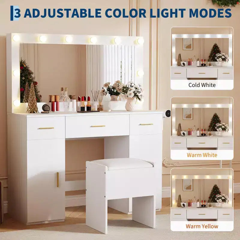 Vanity Set with Mirror, Makeup Desk with Drawers and Storage Stool, White Dressing Table for Bedroom Apartment