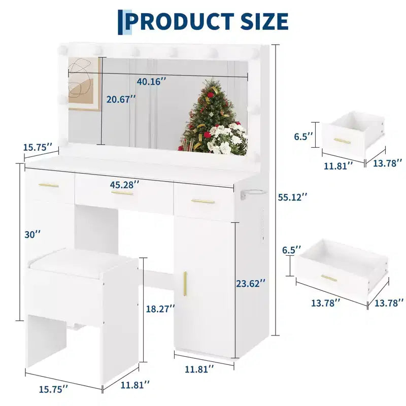 Vanity Set with Mirror, Makeup Desk with Drawers and Storage Stool, White Dressing Table for Bedroom Apartment