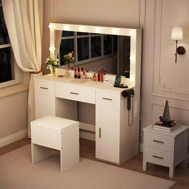 Vanity Set with Mirror, Makeup Desk with Drawers and Storage Stool, White Dressing Table for Bedroom Apartment