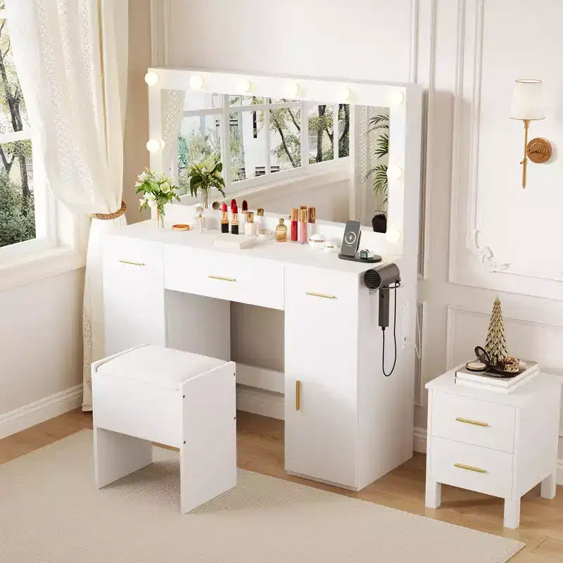 Vanity Set with Mirror, Makeup Desk with Drawers and Storage Stool, White Dressing Table for Bedroom Apartment