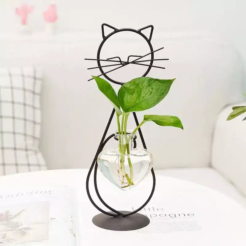 NotArt Nordic Cat-shaped Iron & Glass Hydroponic Flower Vase - Welded & Painted Aquarium-style Decor