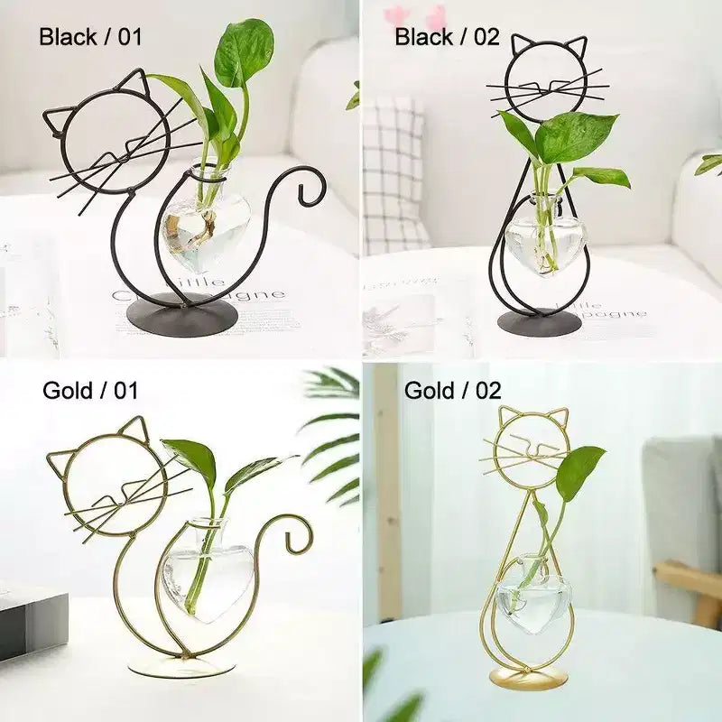 NotArt Nordic Cat-shaped Iron & Glass Hydroponic Flower Vase - Welded & Painted Aquarium-style Decor