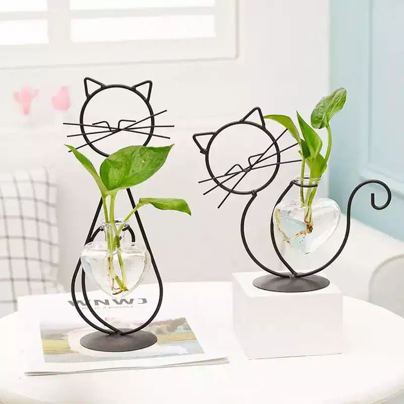 NotArt Nordic Cat-shaped Iron & Glass Hydroponic Flower Vase - Welded & Painted Aquarium-style Decor