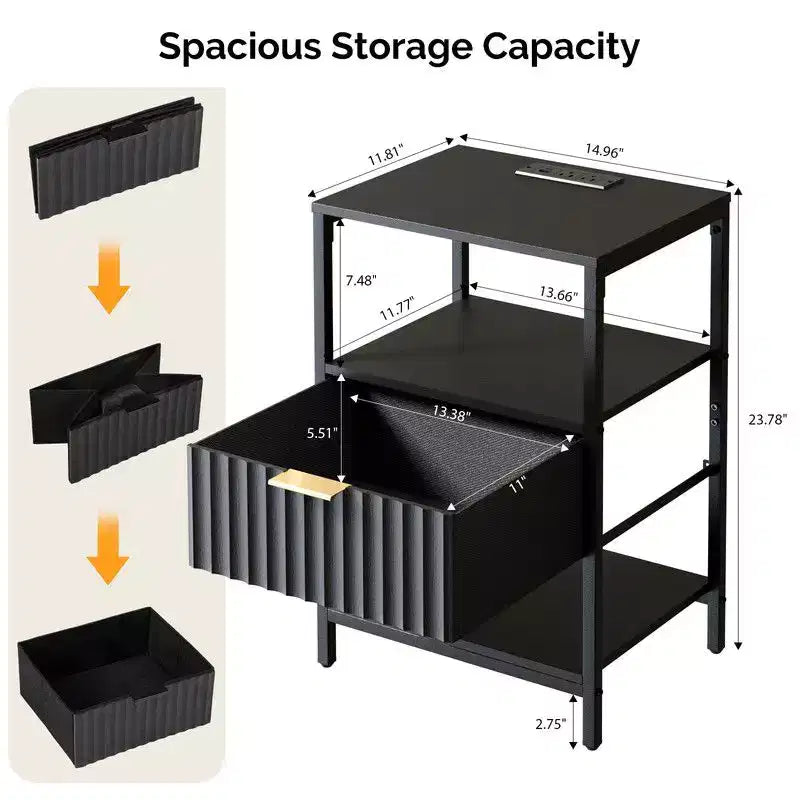 Karl Home 15 Inches Wide Nightstand - 1 Drawer, 2 Shelves, US Power Outlet