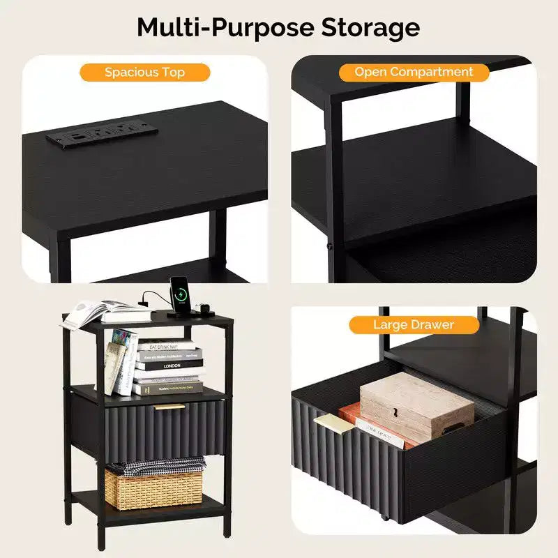 Karl Home 15 Inches Wide Nightstand - 1 Drawer, 2 Shelves, US Power Outlet