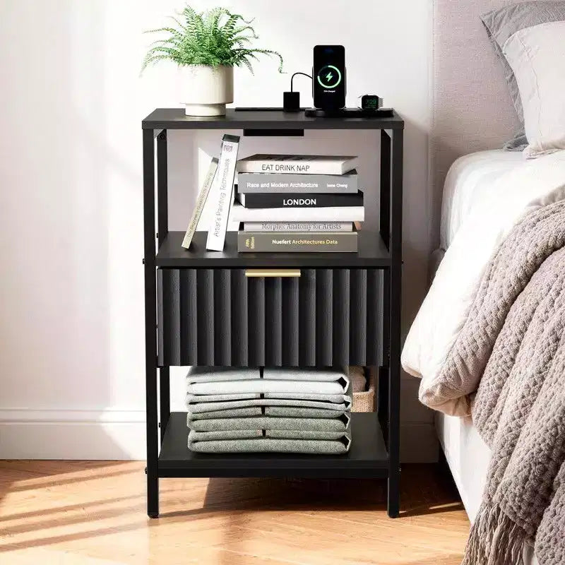 Karl Home 15 Inches Wide Nightstand - 1 Drawer, 2 Shelves, US Power Outlet