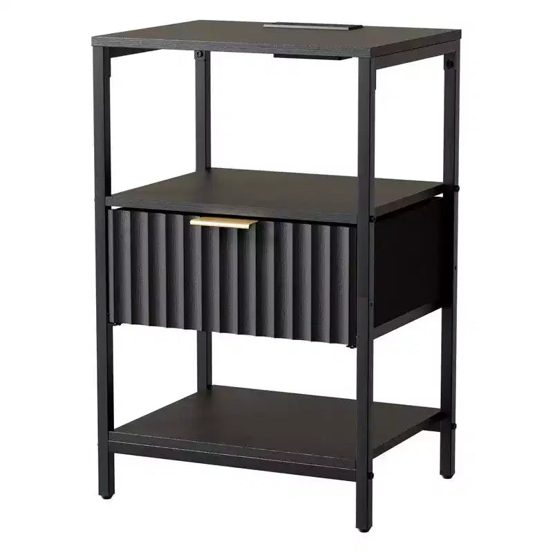 Karl Home 15 Inches Wide Nightstand - 1 Drawer, 2 Shelves, US Power Outlet