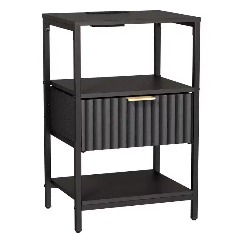 Karl Home 15 Inches Wide Nightstand - 1 Drawer, 2 Shelves, US Power Outlet
