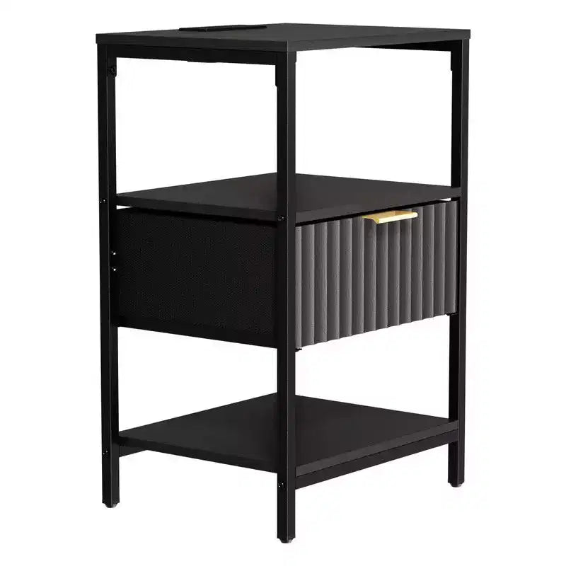 Karl Home 15 Inches Wide Nightstand - 1 Drawer, 2 Shelves, US Power Outlet