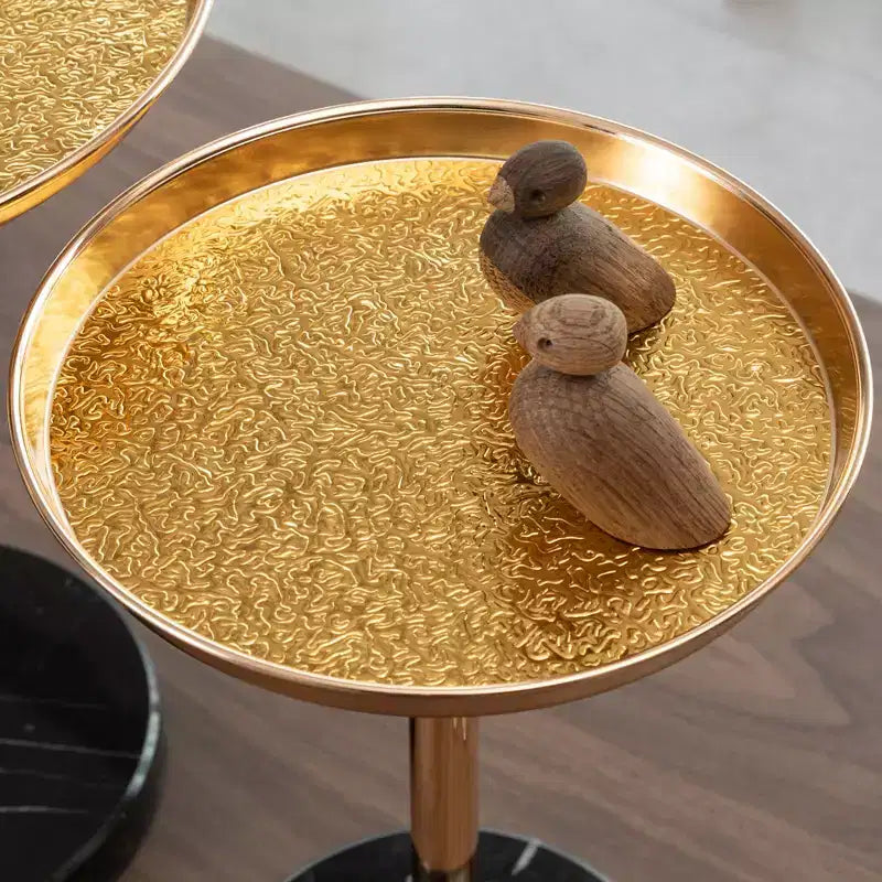 2P Gold Adjustable Marble Base Side Table, Natural Marble Pedestal Metal Tray Tea Martini Table for Display Storage