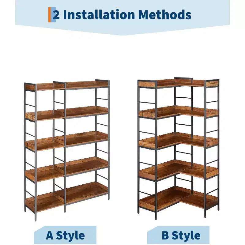 5 Tier L Shaped Corner Bookshelf with 4 Hooks, Reversible Corner Bookshelf, 65 Industrial Wooden Bookcase with Open Shelves and Metal Frame for Home