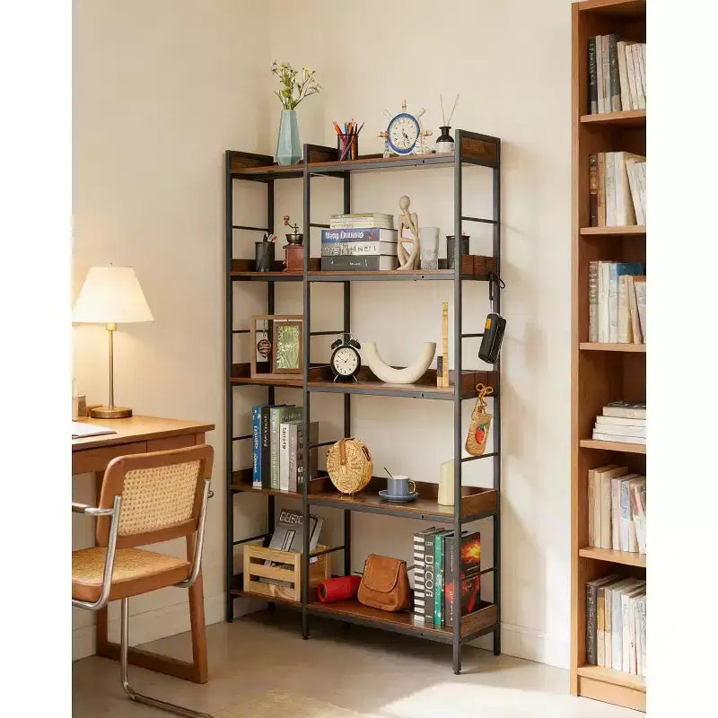 5 Tier L Shaped Corner Bookshelf with 4 Hooks, Reversible Corner Bookshelf, 65 Industrial Wooden Bookcase with Open Shelves and Metal Frame for Home