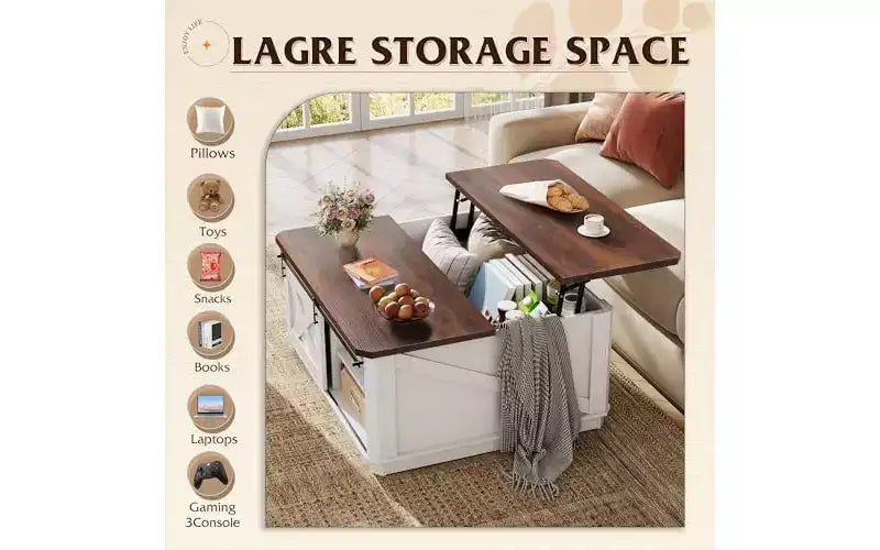 DEXYLLO Framhouse Coffee Table with Storage, 35.5 Lift Top Coffee Table for Living Room, Square Center Table