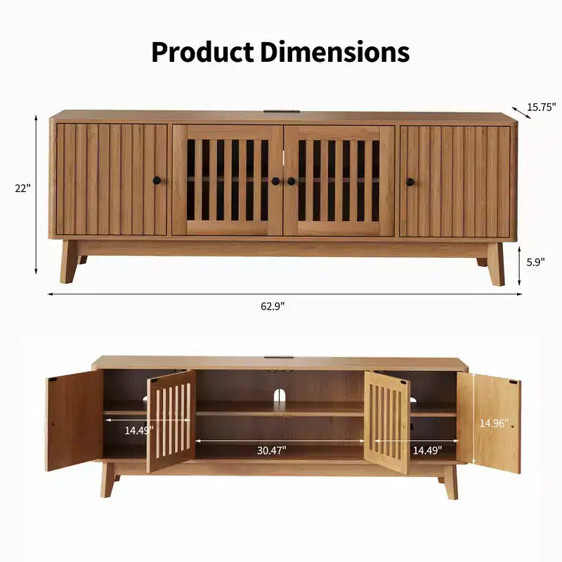 TV Stand Entertainment Center with Power Outlets, 4 Doors Storage Cabinets, 62.9Media Console Table for 43-70 Televisions, Adjustable Shelves