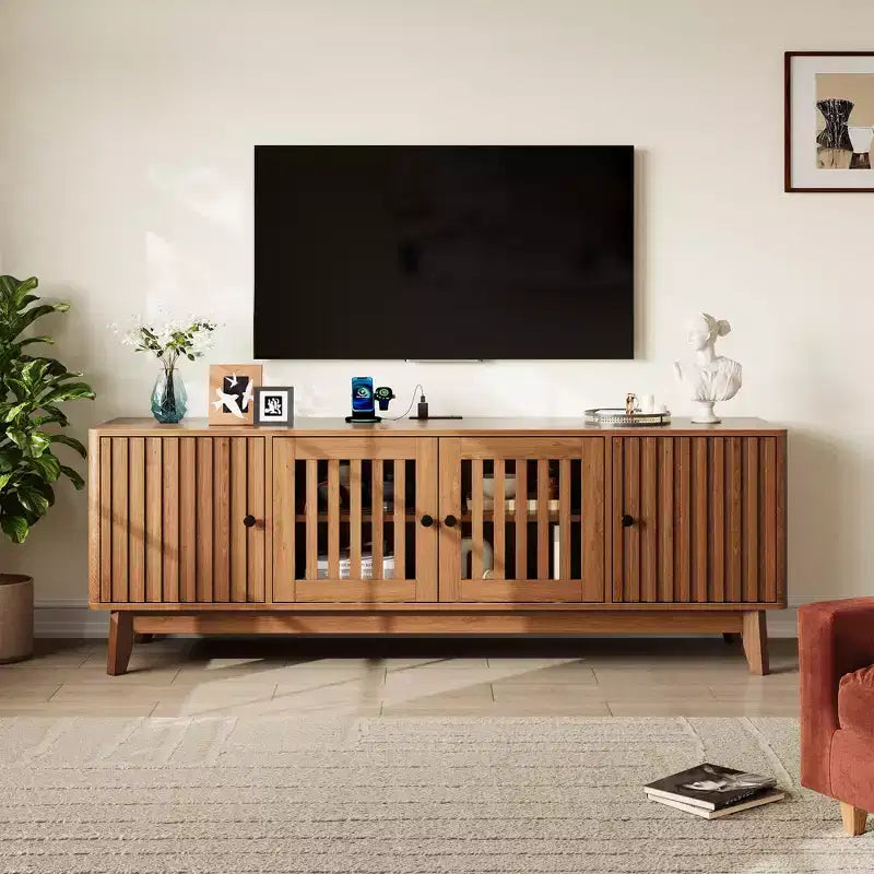 TV Stand Entertainment Center with Power Outlets, 4 Doors Storage Cabinets, 62.9Media Console Table for 43-70 Televisions, Adjustable Shelves