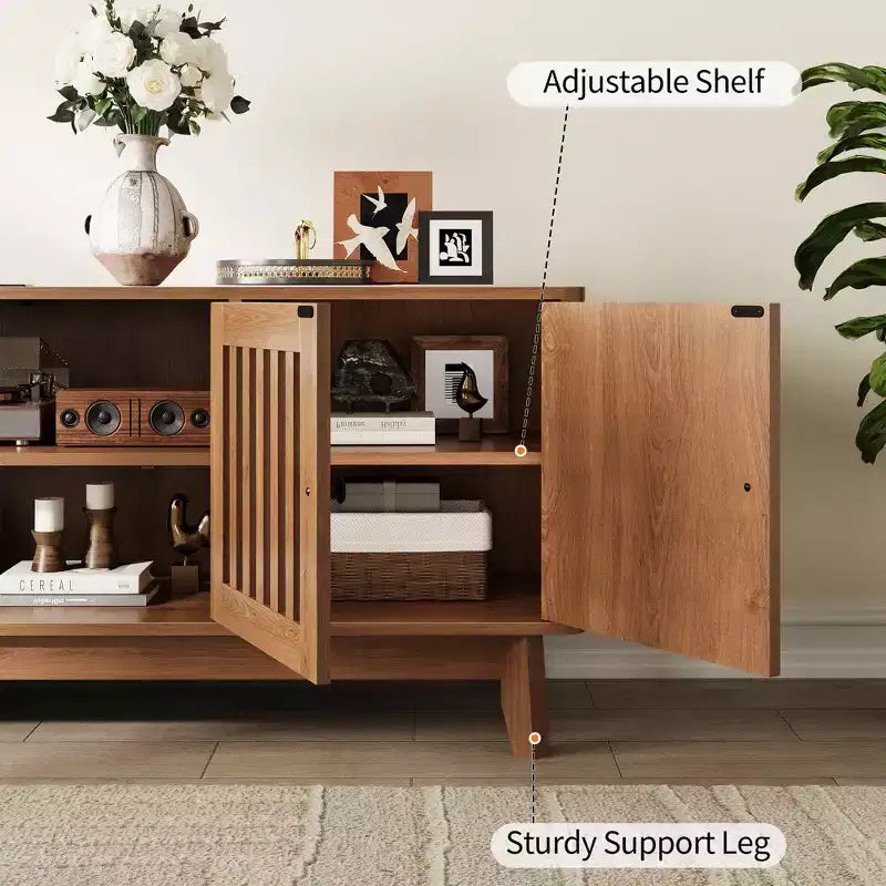 TV Stand Entertainment Center with Power Outlets, 4 Doors Storage Cabinets, 62.9Media Console Table for 43-70 Televisions, Adjustable Shelves