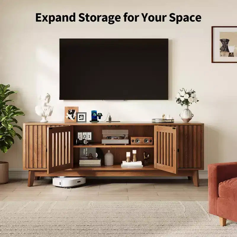 TV Stand Entertainment Center with Power Outlets, 4 Doors Storage Cabinets, 62.9Media Console Table for 43-70 Televisions, Adjustable Shelves