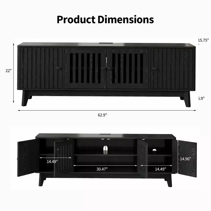 TV Stand Entertainment Center with Power Outlets, 4 Doors Storage Cabinets, 62.9Media Console Table for 43-70 Televisions, Adjustable Shelves