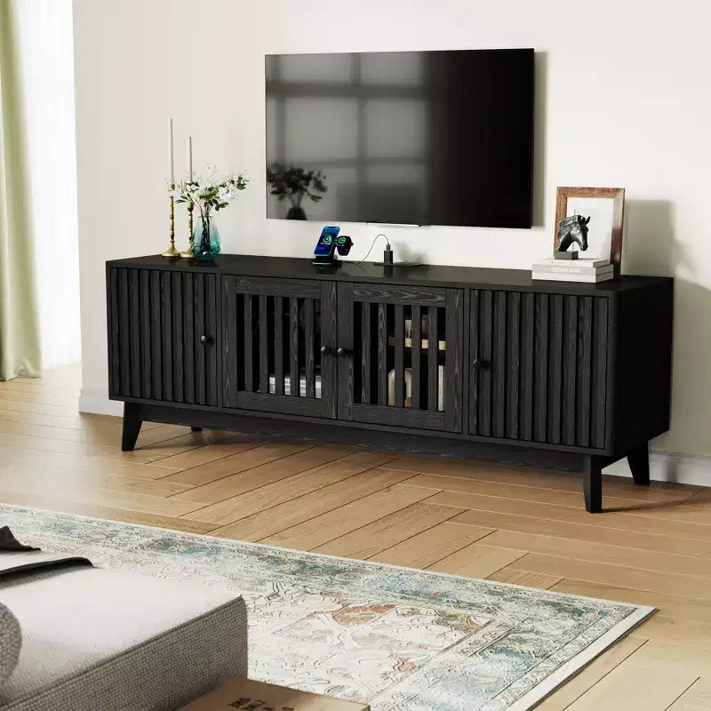 TV Stand Entertainment Center with Power Outlets, 4 Doors Storage Cabinets, 62.9Media Console Table for 43-70 Televisions, Adjustable Shelves