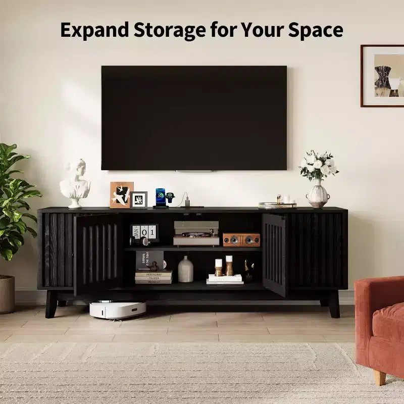 TV Stand Entertainment Center with Power Outlets, 4 Doors Storage Cabinets, 62.9Media Console Table for 43-70 Televisions, Adjustable Shelves