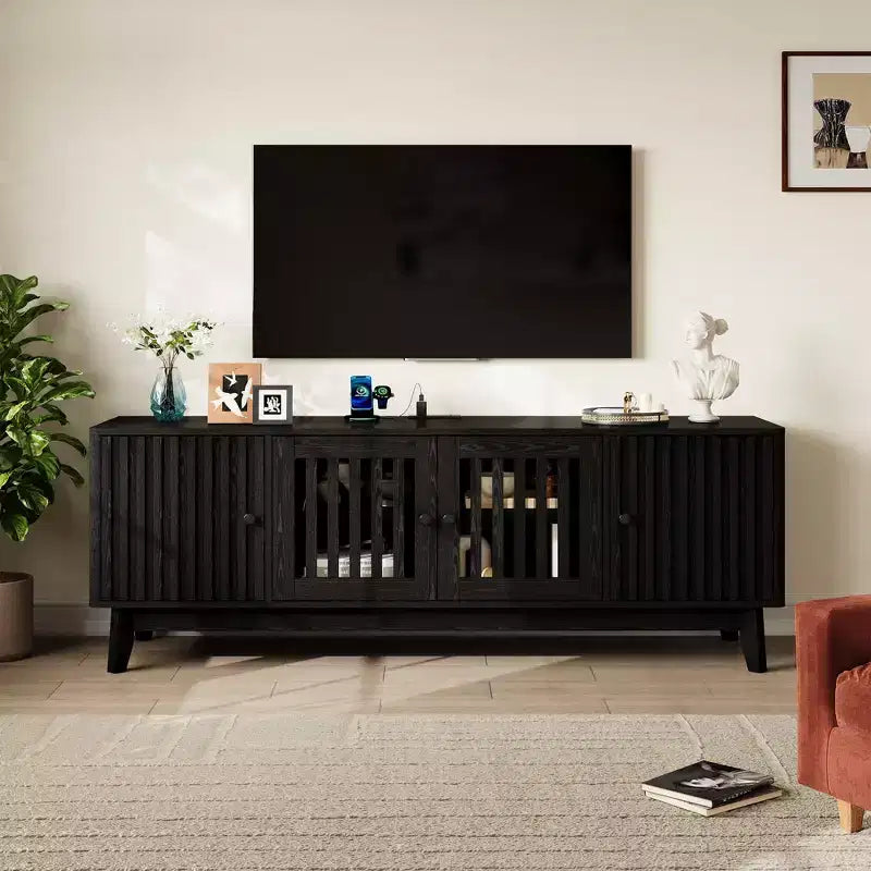 TV Stand Entertainment Center with Power Outlets, 4 Doors Storage Cabinets, 62.9Media Console Table for 43-70 Televisions, Adjustable Shelves
