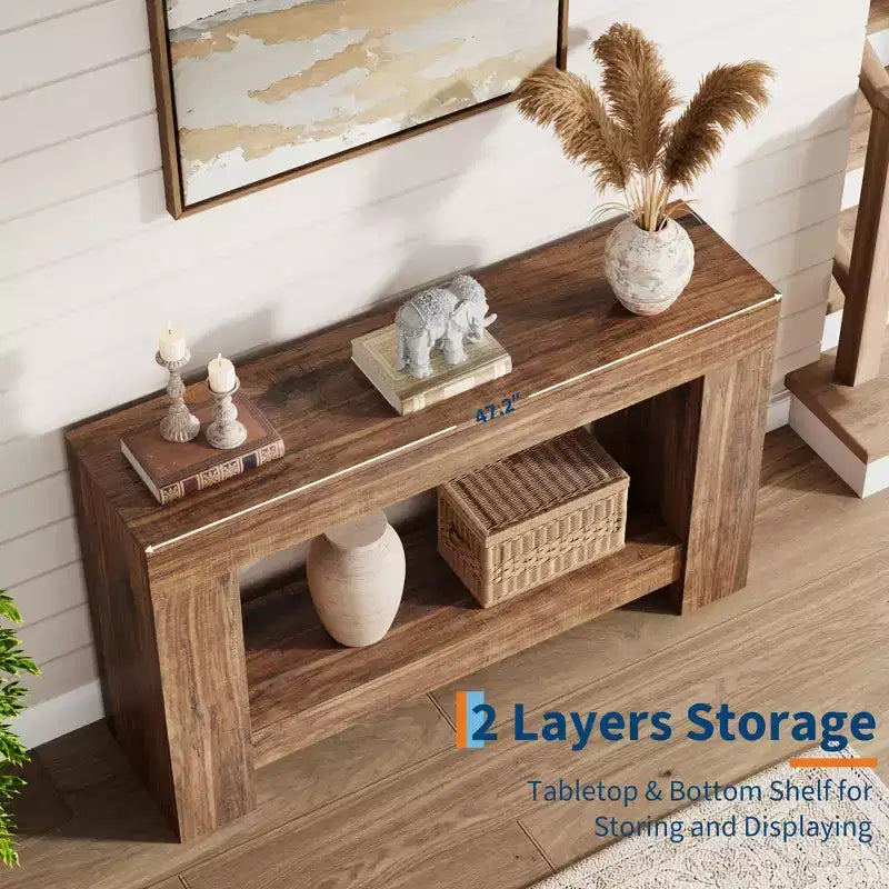2-Tier Farmhouse Entryway Table, Long Sofa Accent Console Table, Behind Couch Table with Open Storage for Home Entrance, Living Room & Hallway