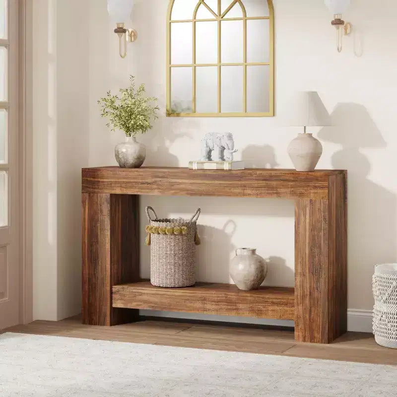2-Tier Farmhouse Entryway Table, Long Sofa Accent Console Table, Behind Couch Table with Open Storage for Home Entrance, Living Room & Hallway