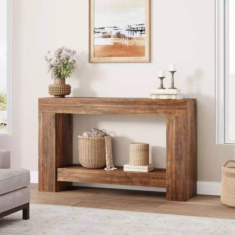 2-Tier Farmhouse Entryway Table, Long Sofa Accent Console Table, Behind Couch Table with Open Storage for Home Entrance, Living Room & Hallway
