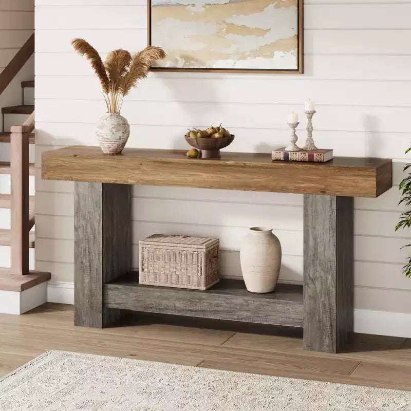 2-Tier Farmhouse Entryway Table, Long Sofa Accent Console Table, Behind Couch Table with Open Storage for Home Entrance, Living Room & Hallway