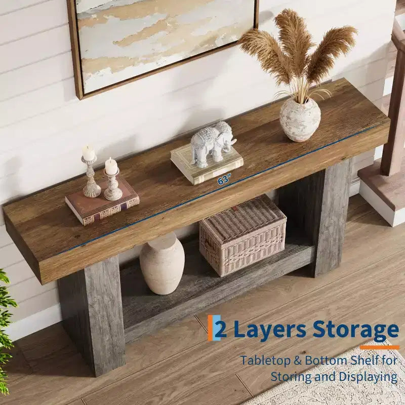 2-Tier Farmhouse Entryway Table, Long Sofa Accent Console Table, Behind Couch Table with Open Storage for Home Entrance, Living Room & Hallway