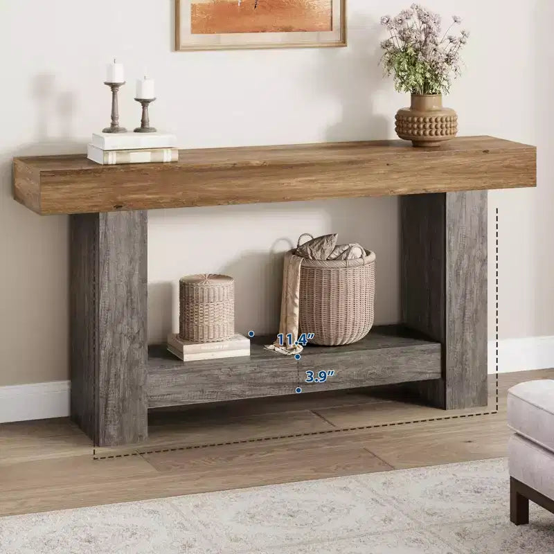 2-Tier Farmhouse Entryway Table, Long Sofa Accent Console Table, Behind Couch Table with Open Storage for Home Entrance, Living Room & Hallway