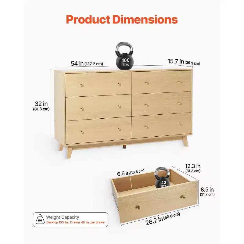 VEVOR 6 Drawer Dresser, Wooden Chest of Drawers with Sliding with Anti-tip Device, Modern Minimalist Dresser Chest,Closet Storage Organizer,Light Wood