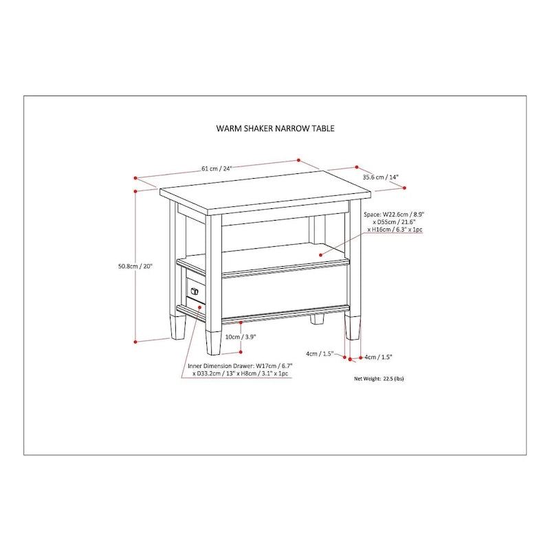 WYNDENHALL Norfolk TAVOLINO LATERALE STRETTO RETTANGOLARE TRADIZIONALE IN LEGNO MASSELLO, LARGHEZZA 14 POLLICI - 14 pollici di larghezza