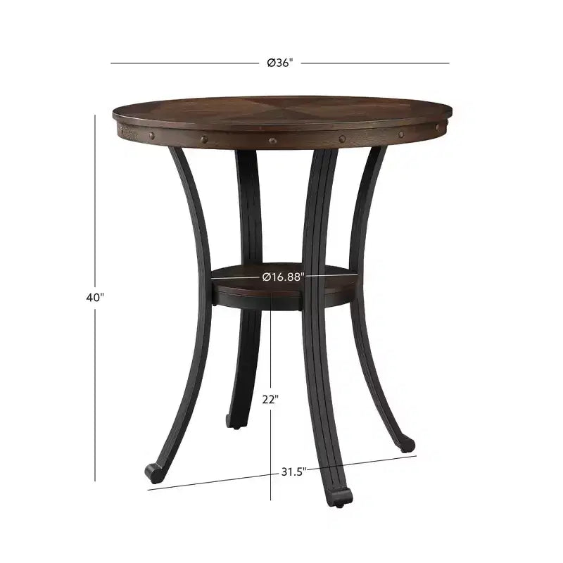 40" Angelo Bar Height Table Oak - Powell: Transitional Bronze Metal Legs, Circular Shelf