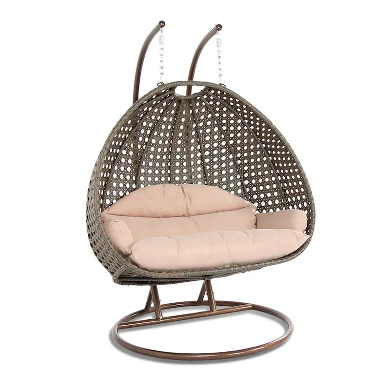 Sedia sospesa a dondolo a forma di uovo con supporto in metallo, telaio in vimini e cuscino – Beige / Blu antracite / Bianco / Blu / Bianco antico / Marrone / Tela, 2 posti