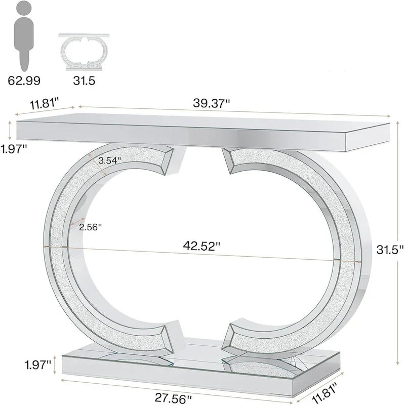 Console da Tavolo Argentata, Tavolino d'Ingresso con Specchio da 99 cm per Ingresso