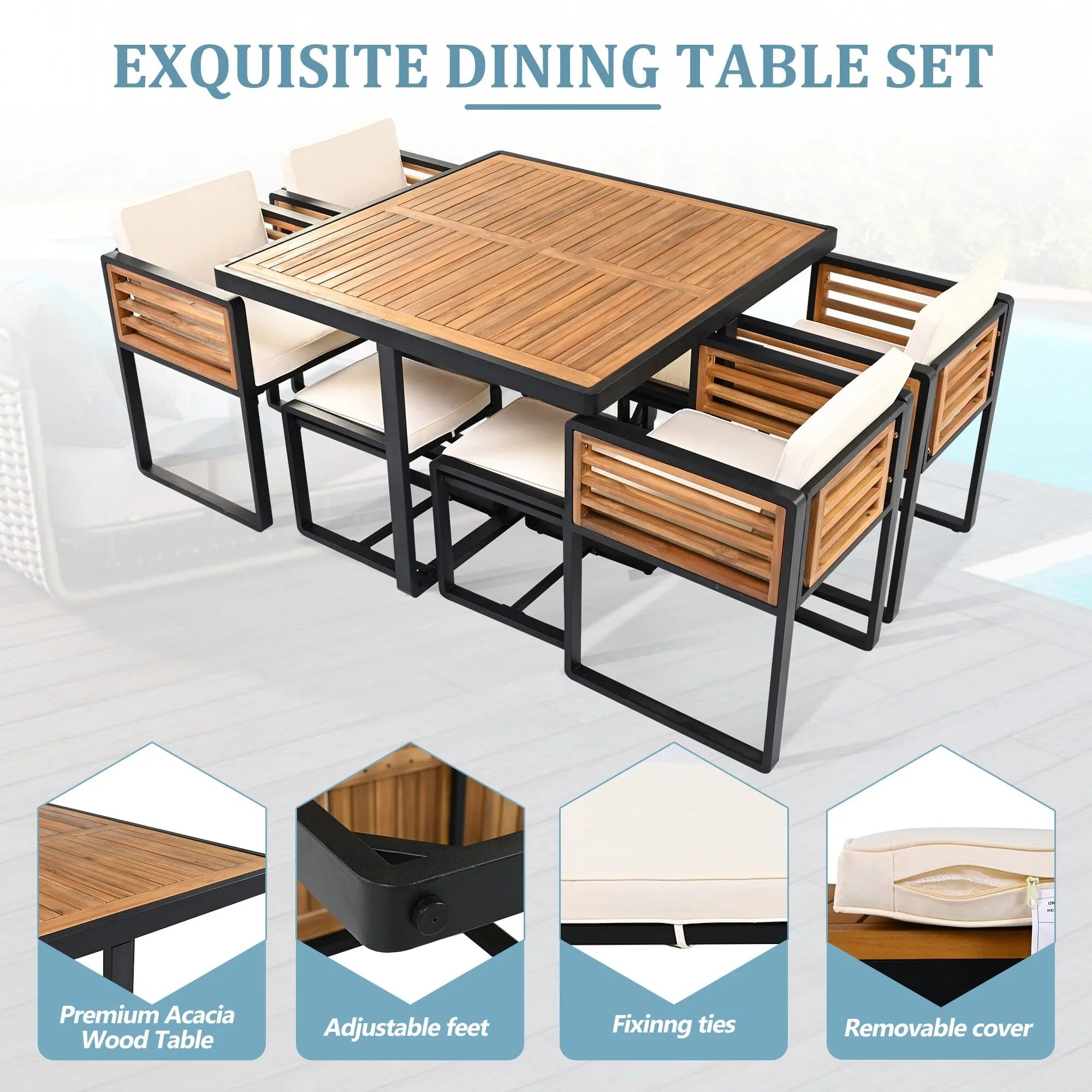 Set da pranzo da esterno in legno di acacia da 18 pezzi, 8 sedie imbottite e 8 pouf e 2 tavoli quadrati