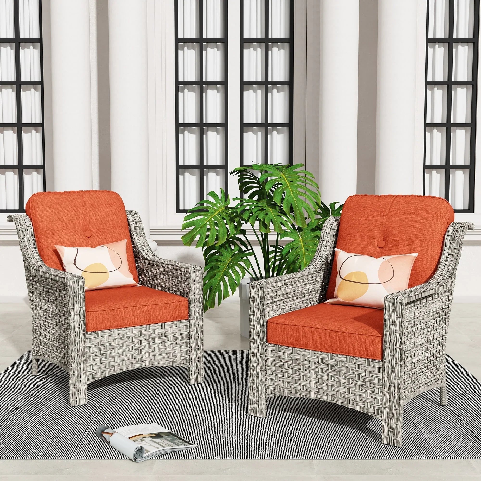 HOOOWOOO, Set di 2 Sedie da Esterno in Rattan Intrecciato con Schienale Alto