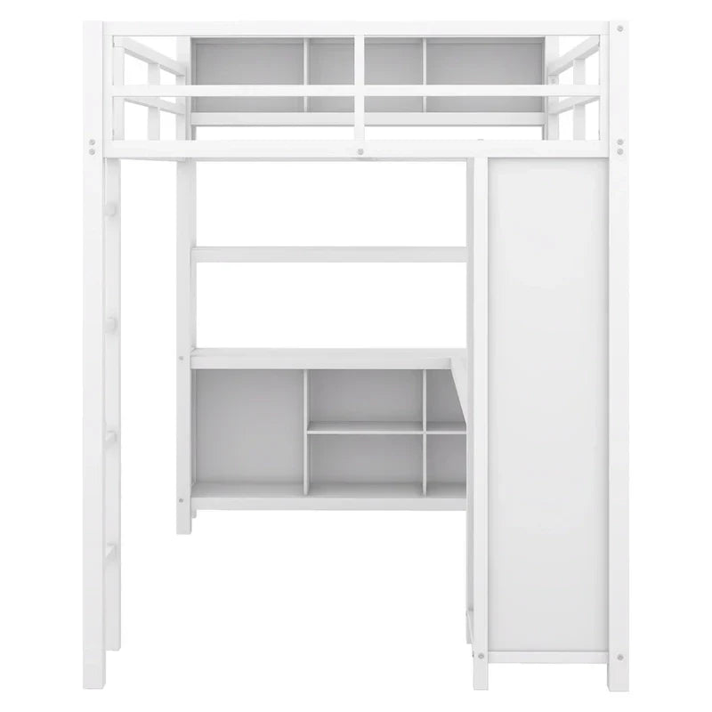 Letto a soppalco in metallo Off-White con scrivania e armadio - Matrimoniale