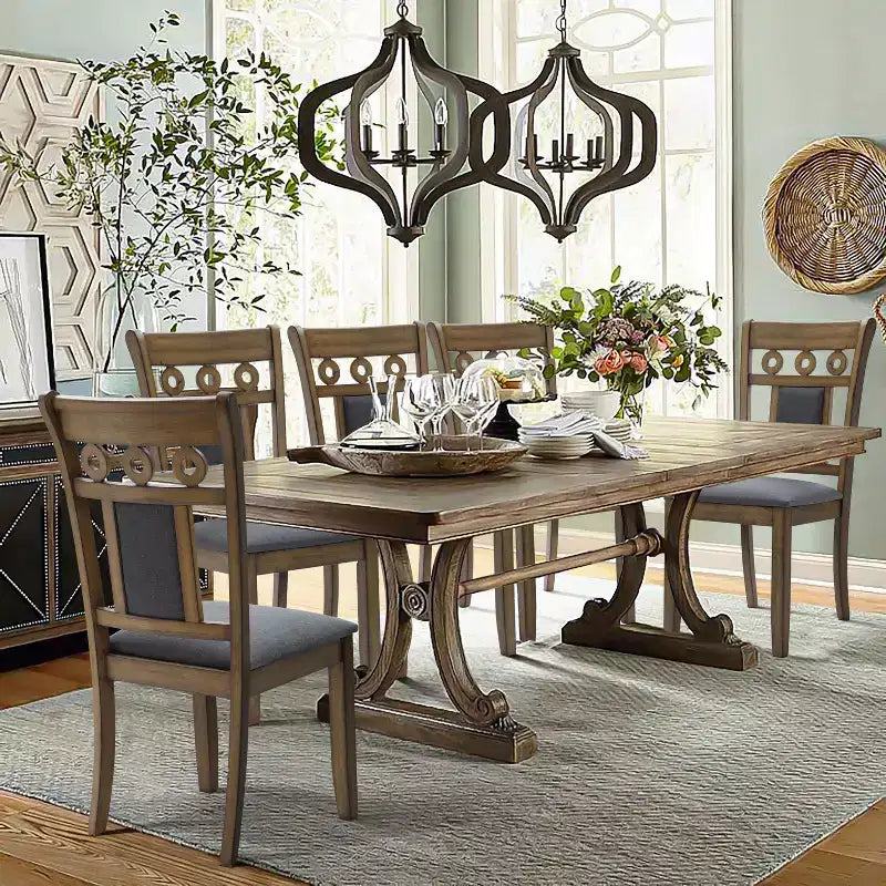 LuxenHome Set of 2 Brown Natural Rubberwood Upholstered Gray Dining Chair