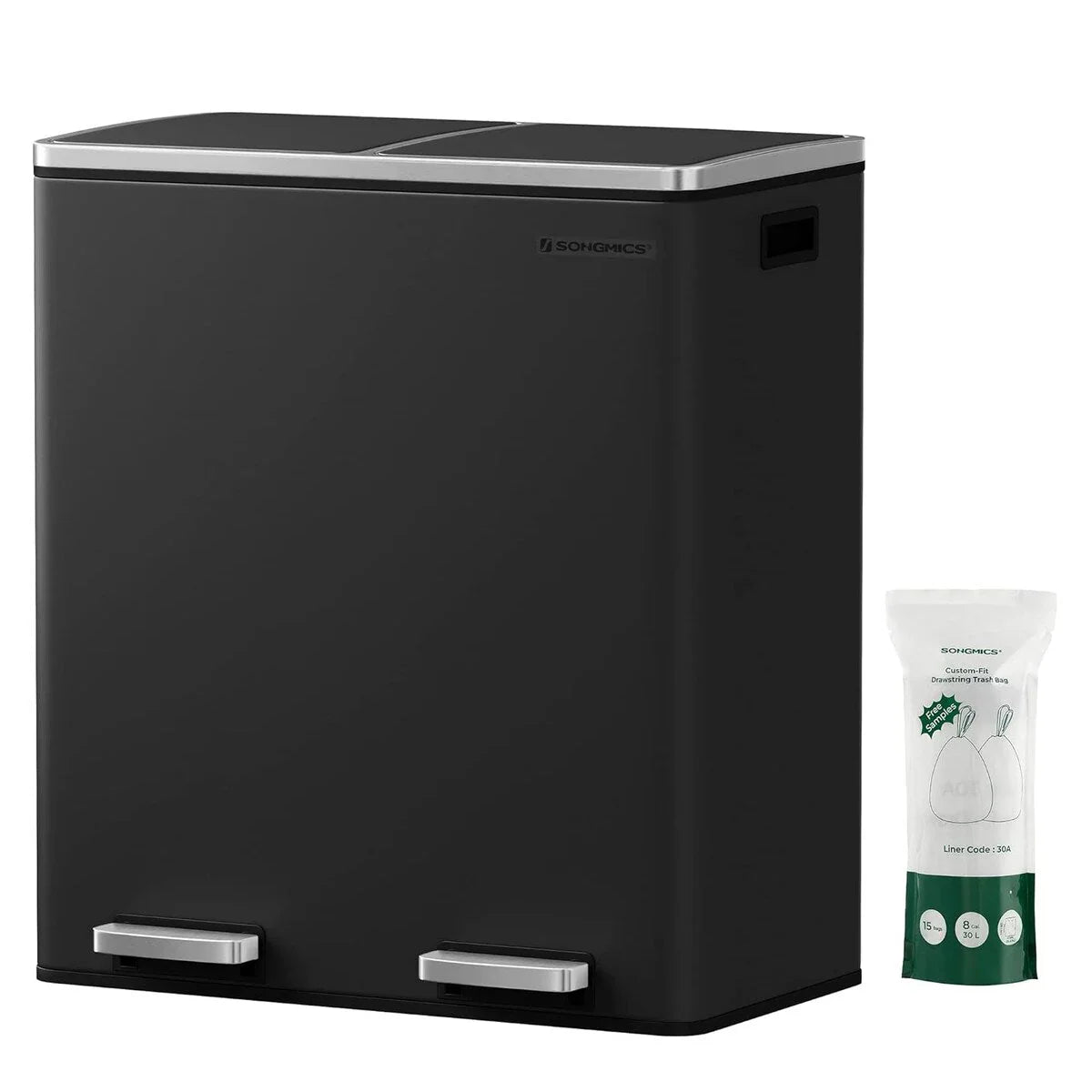 SONGMICS Pattumiera Doppia, 60L (2 x 30L) Cestino per la Raccolta Differenziata in Acciaio Inossidabile, Nero