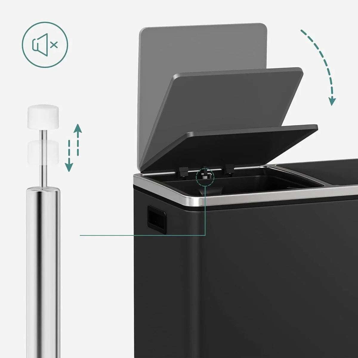 SONGMICS Pattumiera Doppia, 60L (2 x 30L) Cestino per la Raccolta Differenziata in Acciaio Inossidabile, Nero