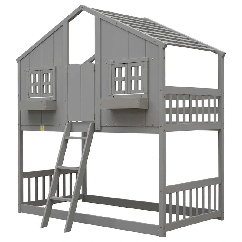Letto a castello a casetta singolo su singolo con tetto, finestra, fioriera, porta, con sponde di sicurezza e scaletta, Grigio