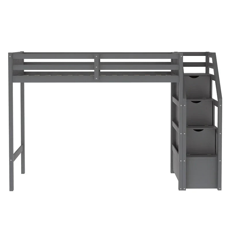 Letto a soppalco in legno per due persone con scale, sponde alte e scaletta